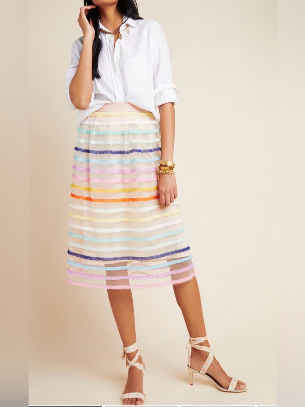 Eva Franco Anthropologie Frankie Tulle Midi Skirt Rainbow Stripe XL Fits Small